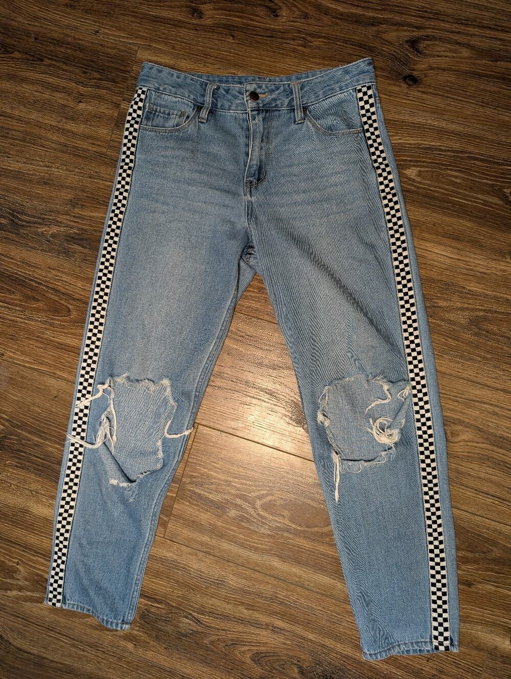 Empyre Eileen Mom Jeans Light Blue Distressed with Checker Side Stripe